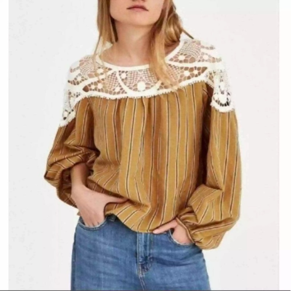 Zara Woman Woven Crochet Long Sleeve Striped Top Medium